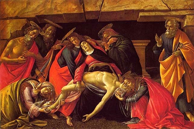 Botticelli Alessandro - 28.Llanto por la muerte de Cristo con San Jernimo, San Pablo y San Pedro, hacia 1490.jpg